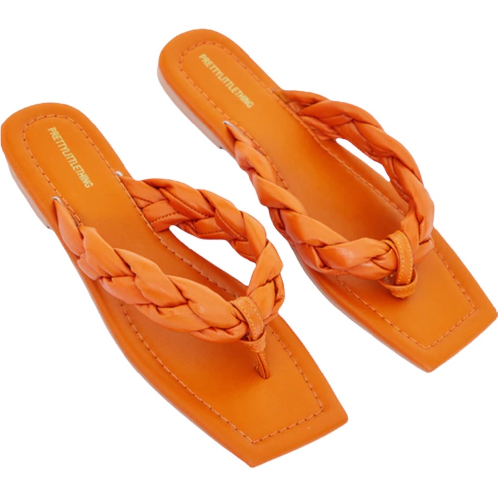 Real Leather Square Toe Plaited Toe Thong Sandals-Size7
